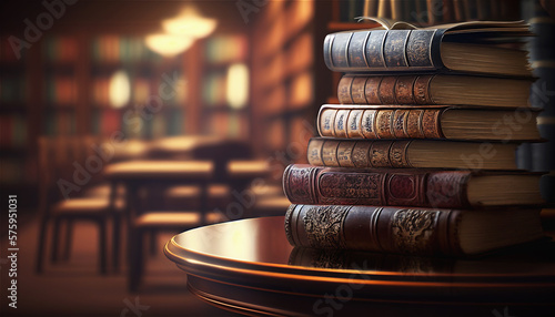 Banner or header image with stack of antique leather books in library. literature or reading concept. Partially Generative AI.