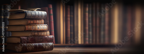Print op canvas Banner or header image with stack of antique leather books in library
