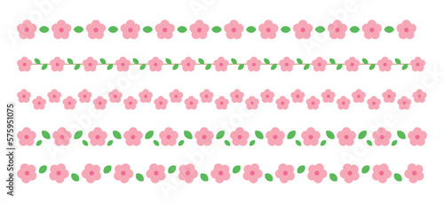 Spring season pink Cherry Blossom flower concept design deco pattern border set. Repeated lines of flowers and leaves.