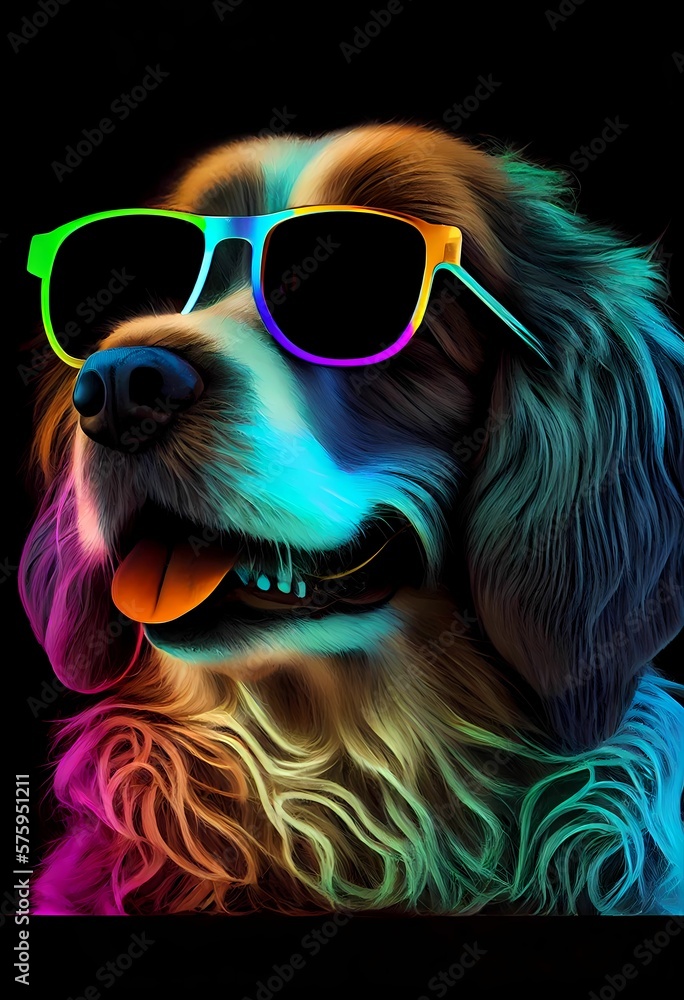 Neon dog sunglasses. Generative AI.