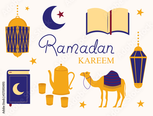 Ramadan Kareem Arabic Muslim Collection With Design Elements Vector Illustration In Flat Style photo