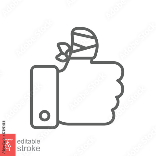 Hurt hand, bandage finger line icon. Simple outline style. Like, thumb up gesture, injured, unavailable concept. Vector illustration isolated on white background. Editable stroke EPS 10.