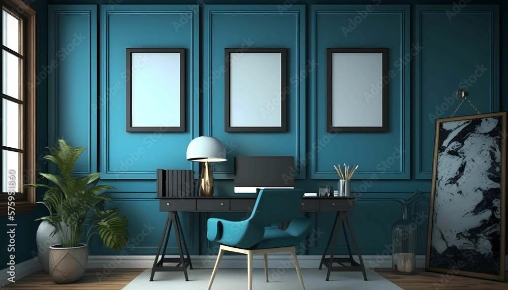 Home office with blue walls, wooden table and pictures on the wall. Office mordeno. Generative AI. Home office with blue walls, wooden table and pictures on the wall. Office mordeno. Generative AI.