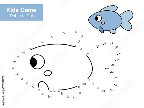 Dot to dot educational game for kids. Cute cartoon fish. Undersea theme. Numbers game. Printable activity page for children. Connect the dots and color. Vector illustration.