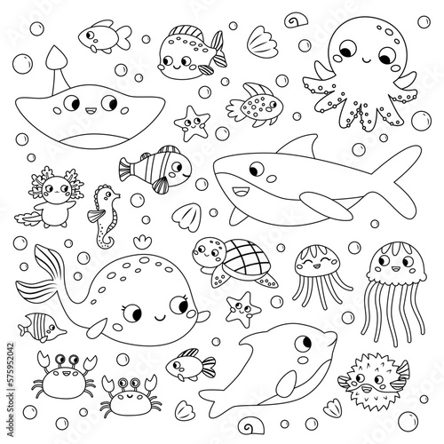 Coloring page with sea animals. Cute cartoon characters set. Ocean fish, octopus, dolphin, shark, whale, turtle and crab. Doodle style. Outline vector illustration for coloring book.
