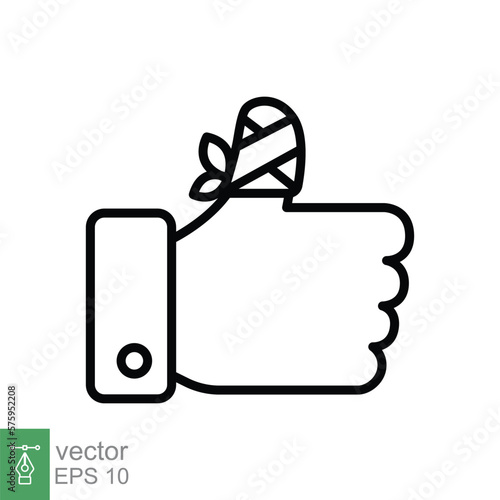 Hurt hand, bandage finger line icon. Simple outline style. Like, thumb up gesture, injured, unavailable concept. Vector illustration isolated on white background. EPS 10.