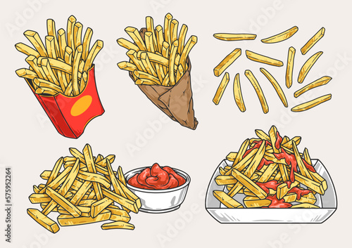 French fries set logotypes colorful