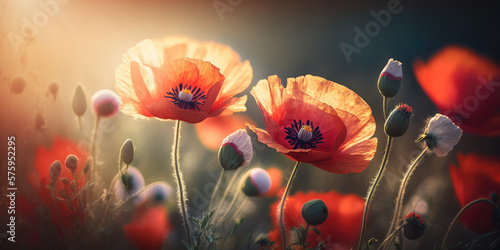 Generative AI illustration of red poppies in morning
