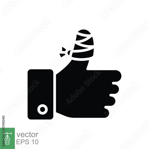 Hurt hand, bandage finger glyph icon. Simple solid style. Like, thumb up gesture, injured, unavailable concept. Vector illustration isolated on white background. EPS 10.