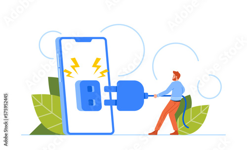 Tiny Male Character Disconnecting From Huge Phone. Concept Of Taking Break From Technology, Simplifying