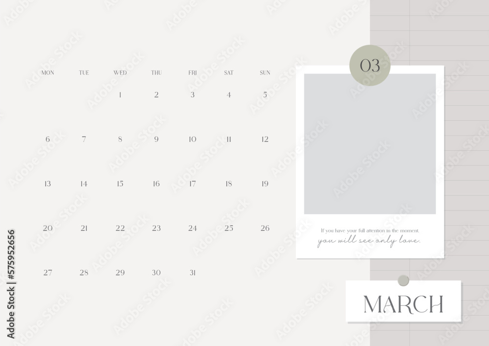 March 2023 simple design digital and printable calendar template illustration. Notes, scheduler, diary, calendar, memo, planner document template background. 