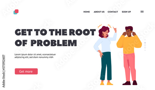 Root Of Family Problems Landing Page Template. Couple Quarrel, Partners Use Hand Gestures To Emphasize Their Point