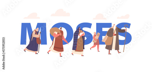 Biblical Concept With Moses Guides Israelites Through Desert. Prophet Character With Raised Staff In Hand Leads People