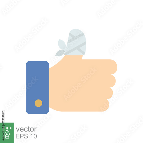 Hurt hand, bandage finger icon. Simple flat style. Like, thumb up gesture, injured, unavailable concept. Vector illustration isolated on white background. EPS 10.