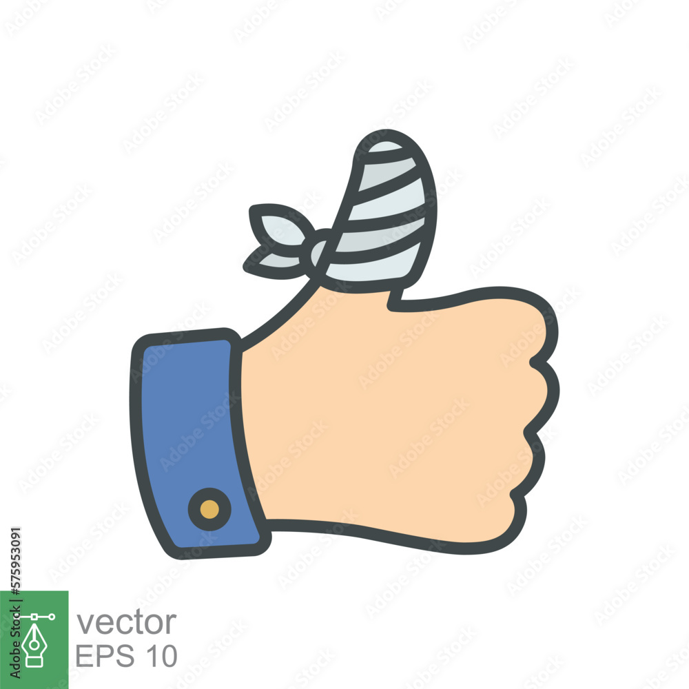 Hurt hand, bandage finger icon. Simple filled outline style. Like, thumb up gesture, injured, unavailable concept. Vector illustration isolated on white background. EPS 10. Hurt hand, bandage finger icon. Simple filled outline style. Like, thumb up gesture, injured, unavailable concept. Vector illustration isolated on white background. EPS 10.