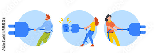 Digital Detox Isolated Round Icons or Avatars with Tiny People Pull Plug Disconnecting From Technology Illustration