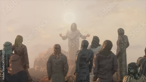 Jesus Christ preaches the Sermon on the Mount and the Twelve Apostles 3d render photo