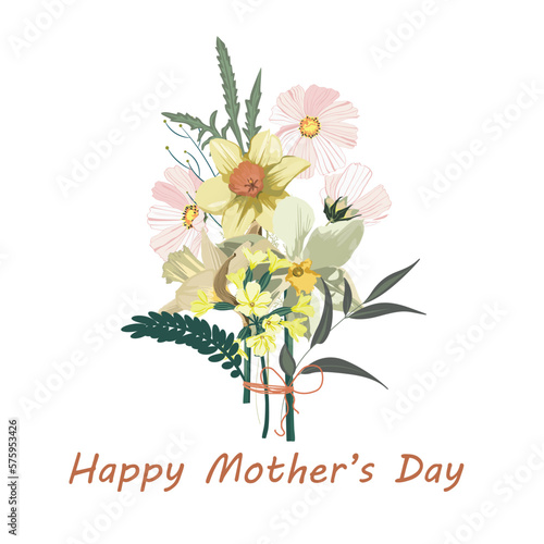 Flower Bouquet floral bunch, design object, element. Tulips, daffodils flowers, rustic floral elegant wedding card. All elements editable. Mothers day.