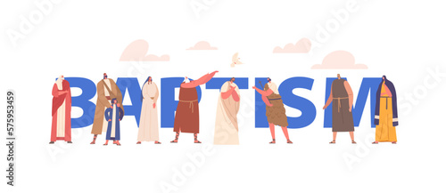 Baptism Concept With Christian Characters Wear Ancient Robes. Members Of Protestant Community Denomination