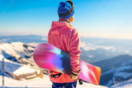 Girl snowboarder stands with snowboard on mountain's top