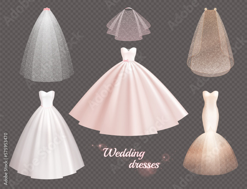 Bride Wedding Dress Realistic Icon Set