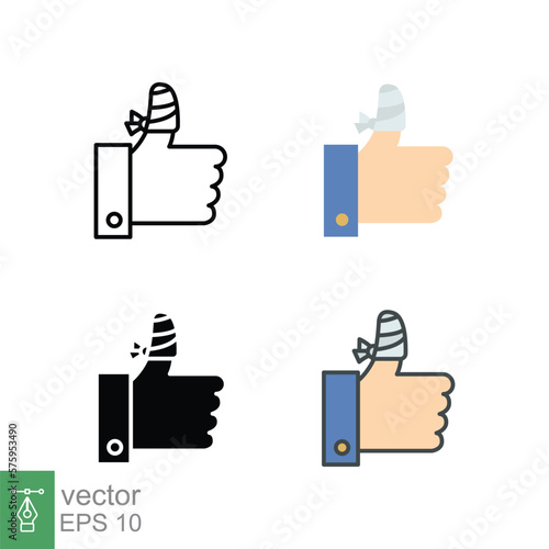 Hurt hand, bandage finger icon in different style. Outline, flat, solid, filled outline. Like, thumb up gesture, injured, unavailable concept. Vector illustration isolated on white background. EPS 10.