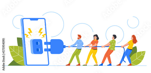 Digital Detox Concept with Tiny People Pull Plug Turning Off Giant Phone. Concept Of Disconnecting From Technology