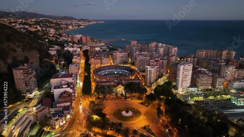Malaga cityscape, Spain. Malaga waterfront, Plaza de Toros de Ronda bullring in Malaga, Spain.