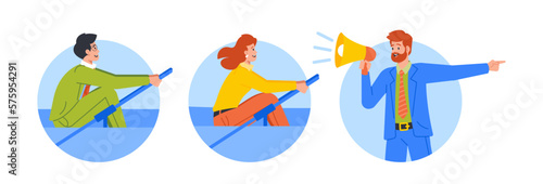 Isolated Round Icons or Avatars of People Rowing in Boat, Man with Bullhorn. Determination, Achieve a Goal
