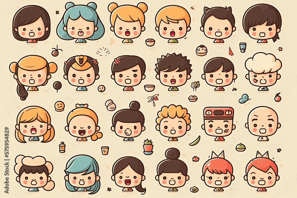 A large set of children's anime characters with different emotions. Generative ai A large set of children's anime characters with different emotions. Generative ai