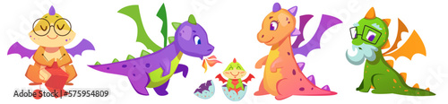 Fairy dragons cartoon characters with baby dinosaur. Magic creatures grandmother and grandfather, happy parents with fantasy child monster in egg. Smiling medieval reptiles collection.