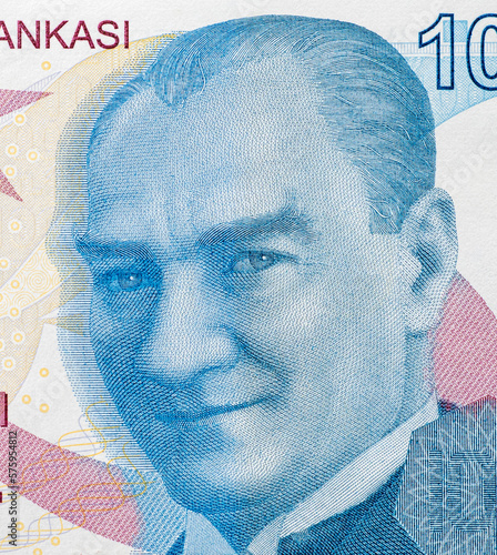 Close-up of 100 Turkish  lira banknote with portrait of Mustafa Kemal Ataturk photo
