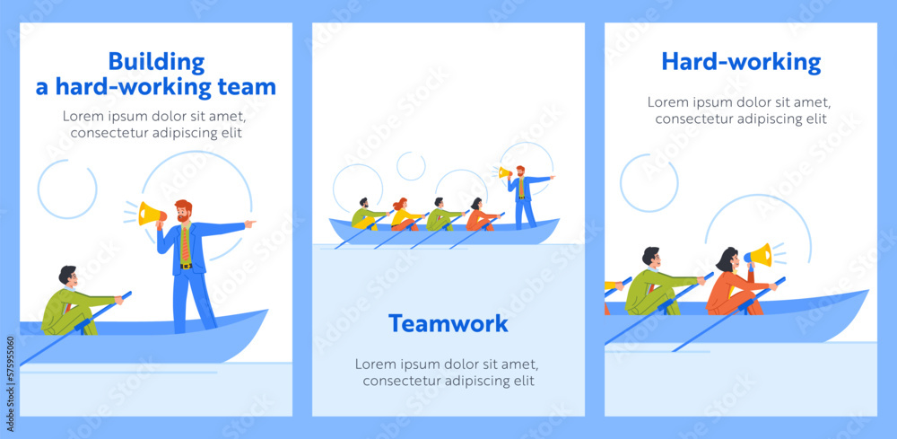 Cartoon Banners Related To Teamwork And Unity. People In Boat Rowing In Unison With Coordinated Efforts Towards A Goal