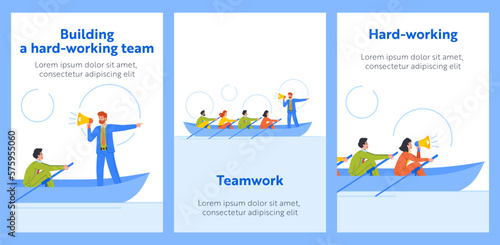 Cartoon Banners Related To Teamwork And Unity. People In Boat Rowing In Unison With Coordinated Efforts Towards A Goal