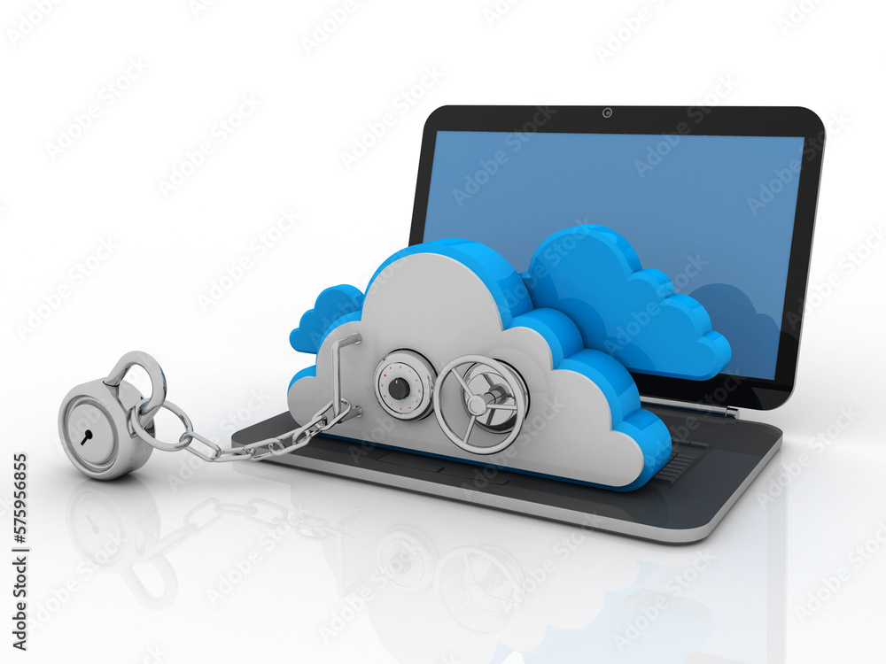 3d rendering cloud lock in laptop