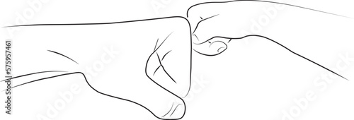 Father and son fist bump in line art style. Happy Father's day. Close-up cartoon hands gesture of a child and adult. Fatherhood lifestyle. Flat design.