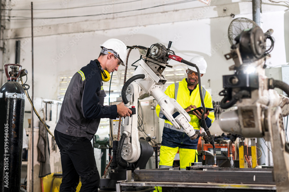 Robotics control engineers setting and maintain spare parts of industrial robot arm controller in production plant factory