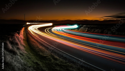 Fast moving traffic line on the highway beautiful timelaps photo.Long exposure of a road with light trails of passing vehicles, 