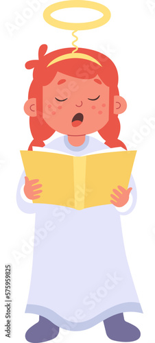 Angel child with nimbus singing song at choir flat icon