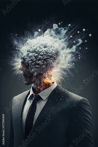 A businessman with a detonating effect. A humorous portrait that mixes the professional world with business. Suit and tie, framed by wisps of smoke. Generative AI