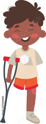 Disability flat icon Boy with amputated leg Crutches for walking