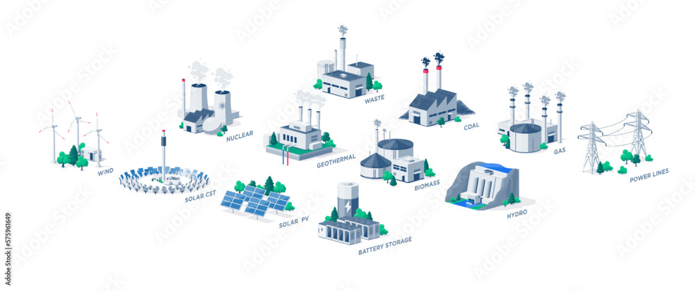 Electric energy power station plants. Sustainable generations. Mix of solar, water, fossil, wind, nuclear, coal, gas, biomass, geothermal, battery storage and grid lines. Renewables isolated on white.