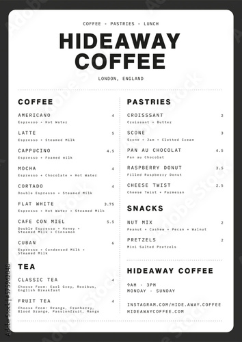 Coffee Menu, Restaurant, coffee shop, cafe, menu, layout. Hipster style, minimal.