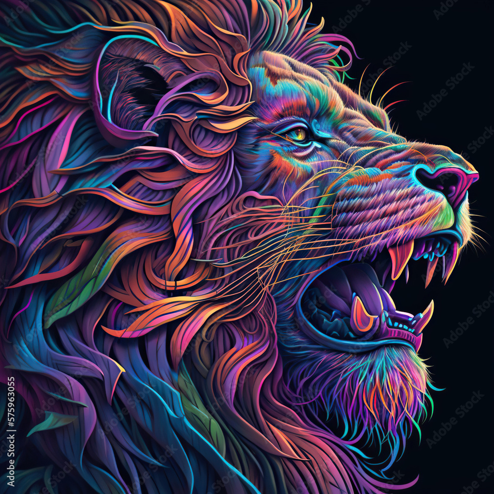 Colourful artistic illustration of wild roaring angry lion, wild cat's