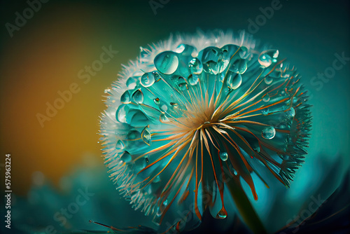 Abstract dandelion flower seeds with water drops background.