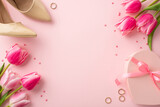Women's Day concept. Top view photo of bunches of fresh flowers tulips heart shaped present box beige high-heel shoes gold rings and sprinkles on isolated pastel pink background with copyspace