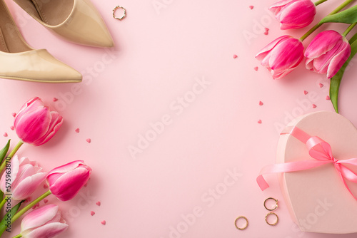 Women's Day concept. Top view photo of bunches of fresh flowers tulips heart shaped present box beige high-heel shoes gold rings and sprinkles on isolated pastel pink background with copyspace