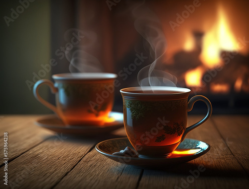 Two cups of steaming hot tea in front of fireplace. The concept of home warmth and comfort. AI generated