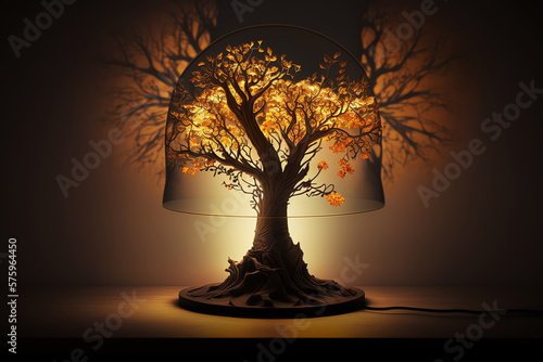 A small tree planted in desk lamp. Concept of energy saving  renewable energy. Generative AI