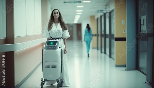Service Roboter in der Pflege und im Krankenhaus. Zukunft der Pflegekraft und Arbeitsteilung mit Robotern als Hilfsmittel mit künstlicher Intelligenz. Krankenhausroboter als Pfleger -  KI generiert. photo